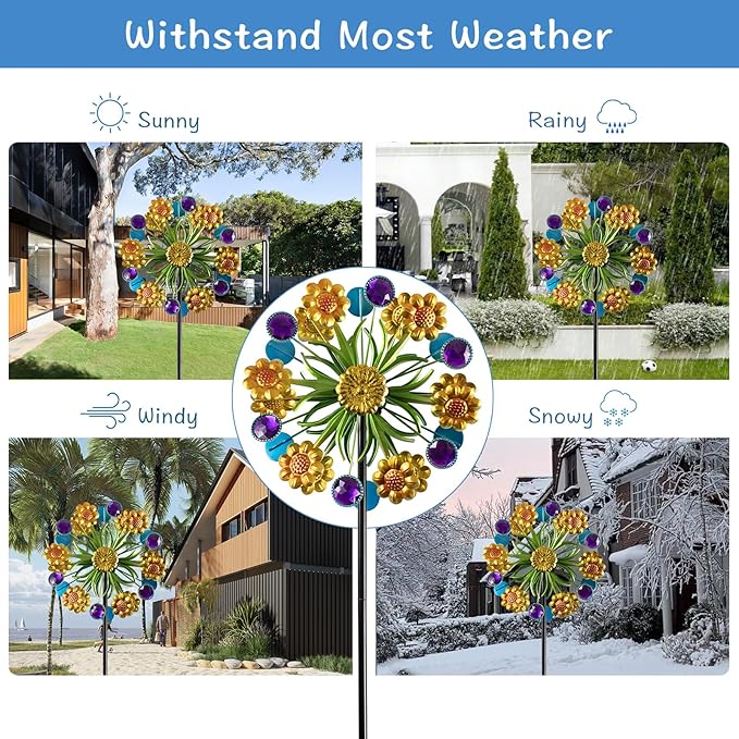Wind Spinner, Metal Yellow florets and Purple Jewelry 44.25 inch Outdoor Metal Wind Spinners for Patio,Lawn,Garden,Creative Gifts for Women, Double Windmill with Stable Stake