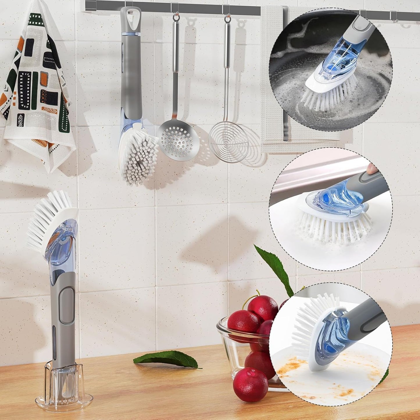 Soap Dispensing Replacement Dish Brush Storage Set with 2 PCS Brush Refills & Holder - RIMAY Dispenser Scrub Cleaning Scrubber Kitchen Dishwashing Dish Wand Handle for Dishes/Pans/Pots/Sink(Grey)