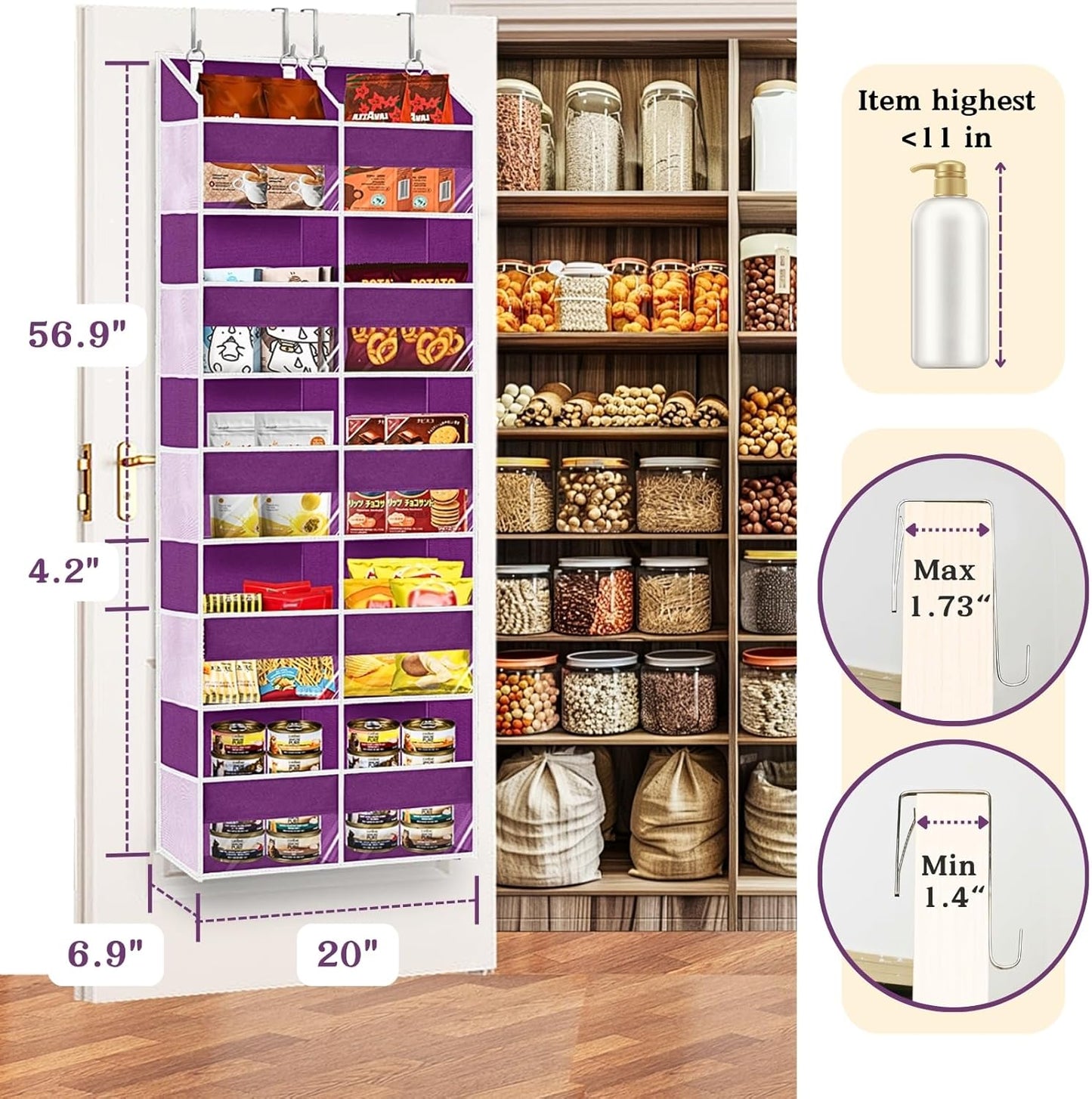 Over The Door Organizer 5 Tiers, Extra Large Behind Door Storage of 10 Compartments, 80 lbs Weight Capacity Hanging Storage Organizer with Clear Window Kids Toys,Shoes,Diapers,Room Storage,Purple