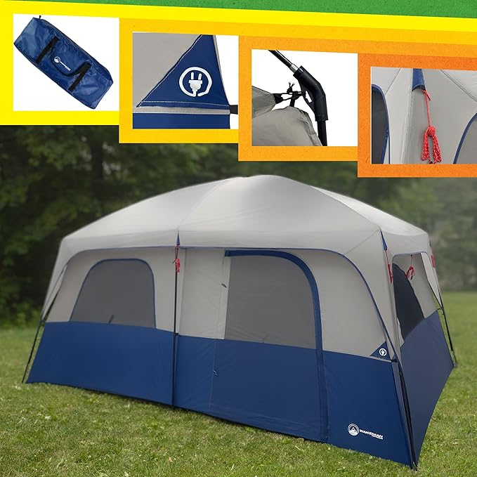 10 Person Camping Tent - Large Outdoor Tent with Room Divider and Rainfly - Family Camping House with 2 Doors and 4 Screen Windows by Wakeman Outdoors (Navy)