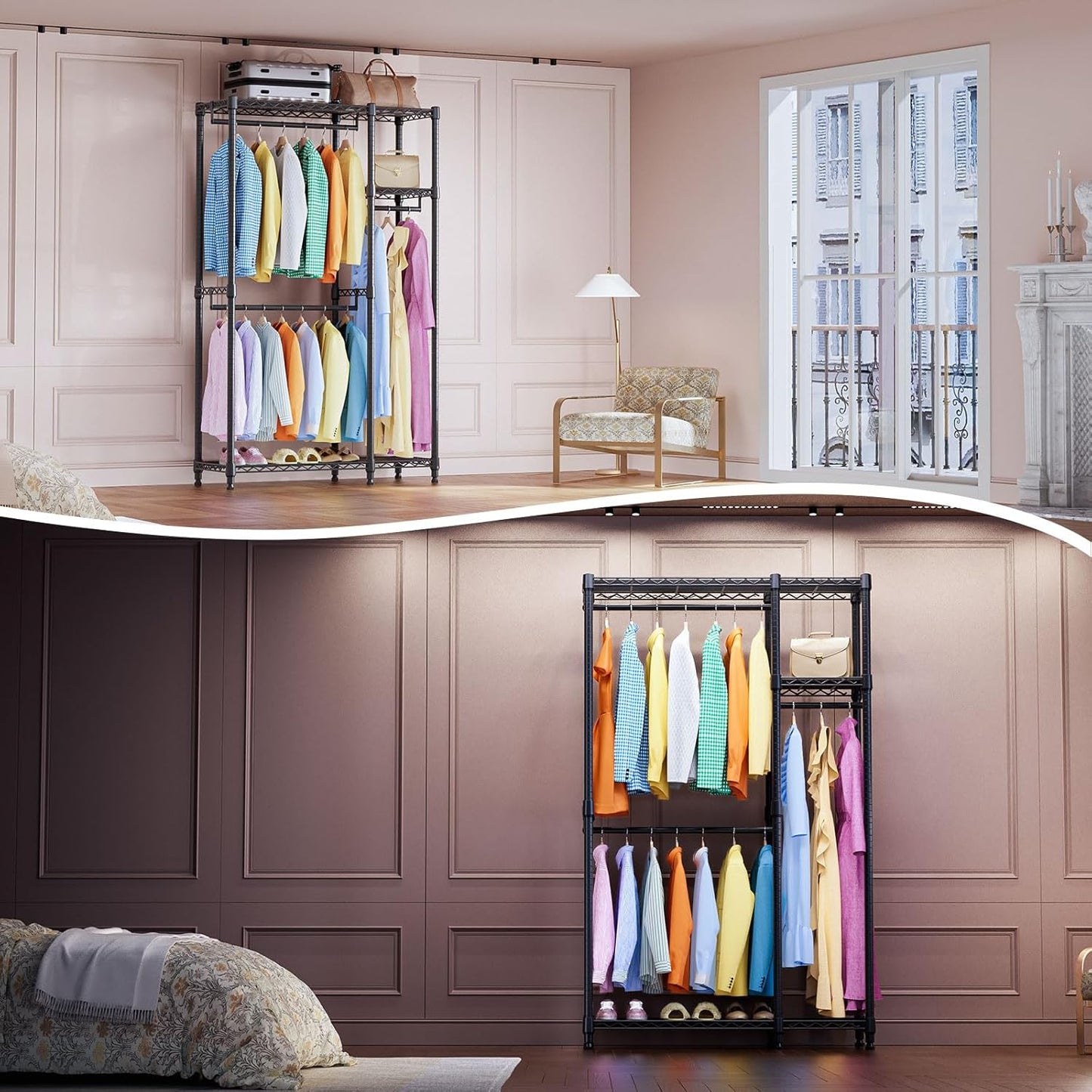 IZEUK 2 Combination Heavy Duty Garment Rack Wire Clothes Rack for Hanging Clothes, Metal Freestanding Closet Wardrobe Rack with 3 Rods Black 15.7" D x 43.3" W x 76.5" H