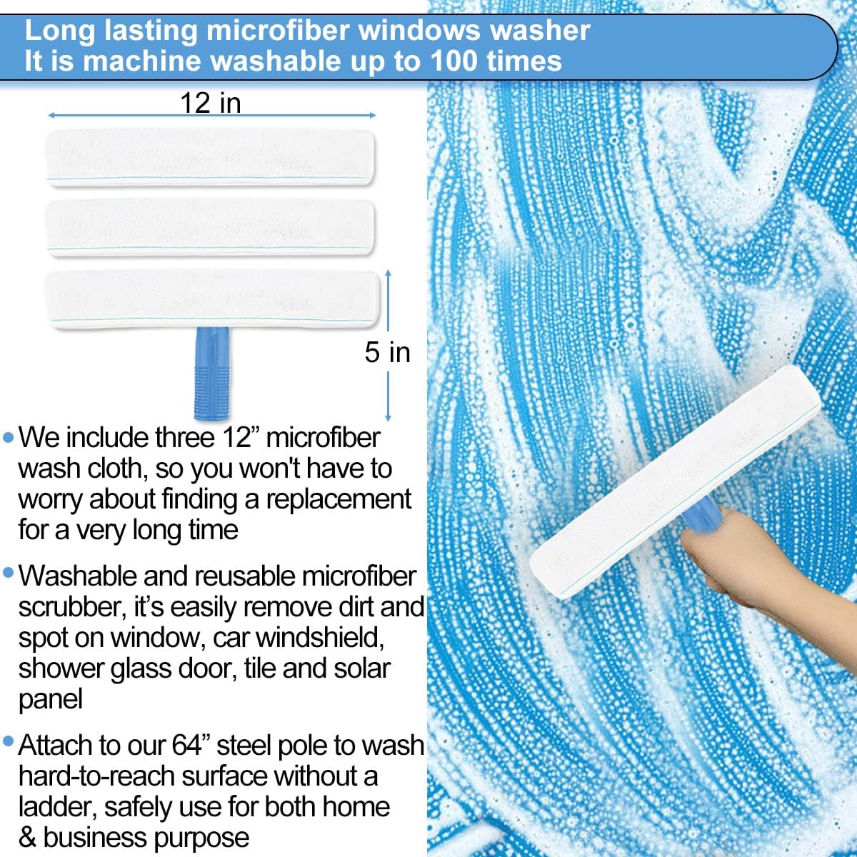 Window Squeegee Washing Kit for Shower Glass Door, Mirror and Window Cleaning, Extra 14'' Wide Squeegee and 2 Microfiber Scrubbers Included (Extension Pole not Included)