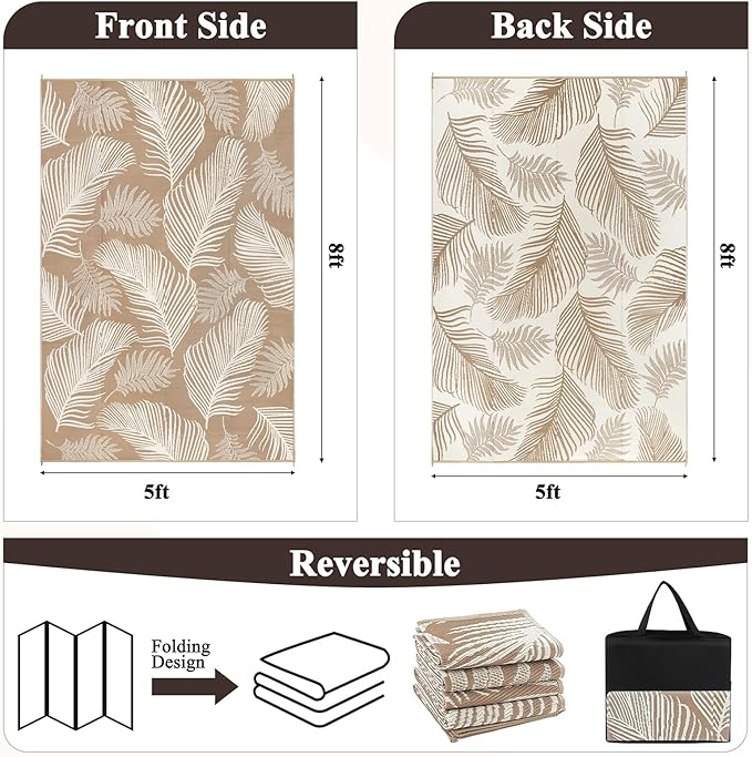Pauwer Waterproof Outdoor Rug 5x8, Reversible Plastic Straw Patio Camping Rug, Indoor Outdoor RV Mat Carpet for Deck, Camper, Porch, Balcony, Backyard, Picnic, Leaf Brown
