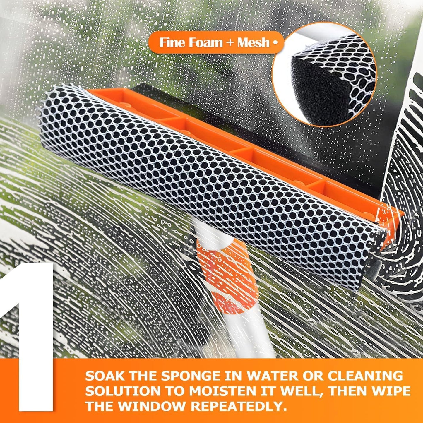 Squeegee for Window | 2-in-1 Window Cleaner Sponge and Soft Rubber Strip with Telescopic Extension Pole 18”-29” | Window Washer for Shower, Car Windshield, Mirror, Glass Cleaning