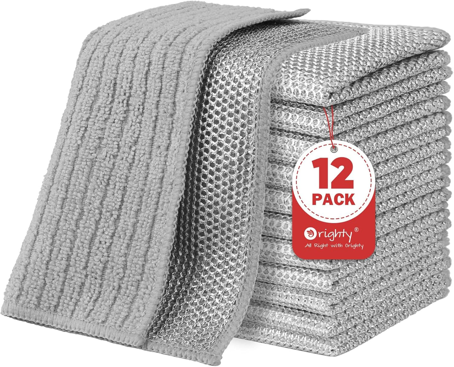 Orighty Multipurpose Wire Dishwashing Rag 12 Pcs, Upgraded Double-Layer Non-Scratch Wire Dish Cleaning Cloths, Reusable Steel Scrubber for Kitchen, Powerful Dishcloth Rag for Cookware, Grey, 7"x8"