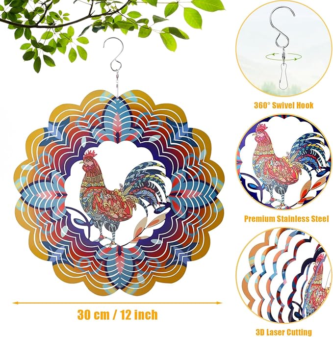 Wind Spinners, Gifts for Women Mom Grandma Wife, 12 inch 3D Stainless Steel Hanging Wind Spinner, Metal Kinetic Wind Sculpture for Indoor/Outdoor Decor, Yard Art, Garden Decorations (Rooster)