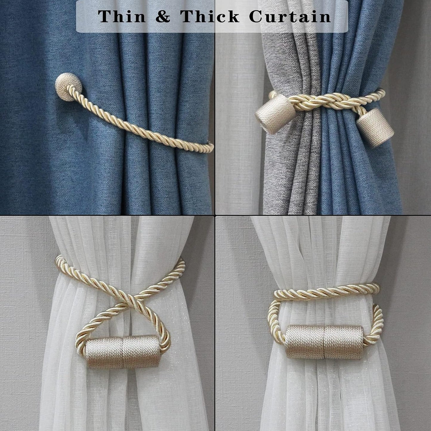 4 Pack Strong Magnetic Curtain Tiebacks Outdoor Elegant Decorative Tie Backs Modern Rope Tiebacks for Drapes Window Curtain Holdbacks for Draperies- Beige