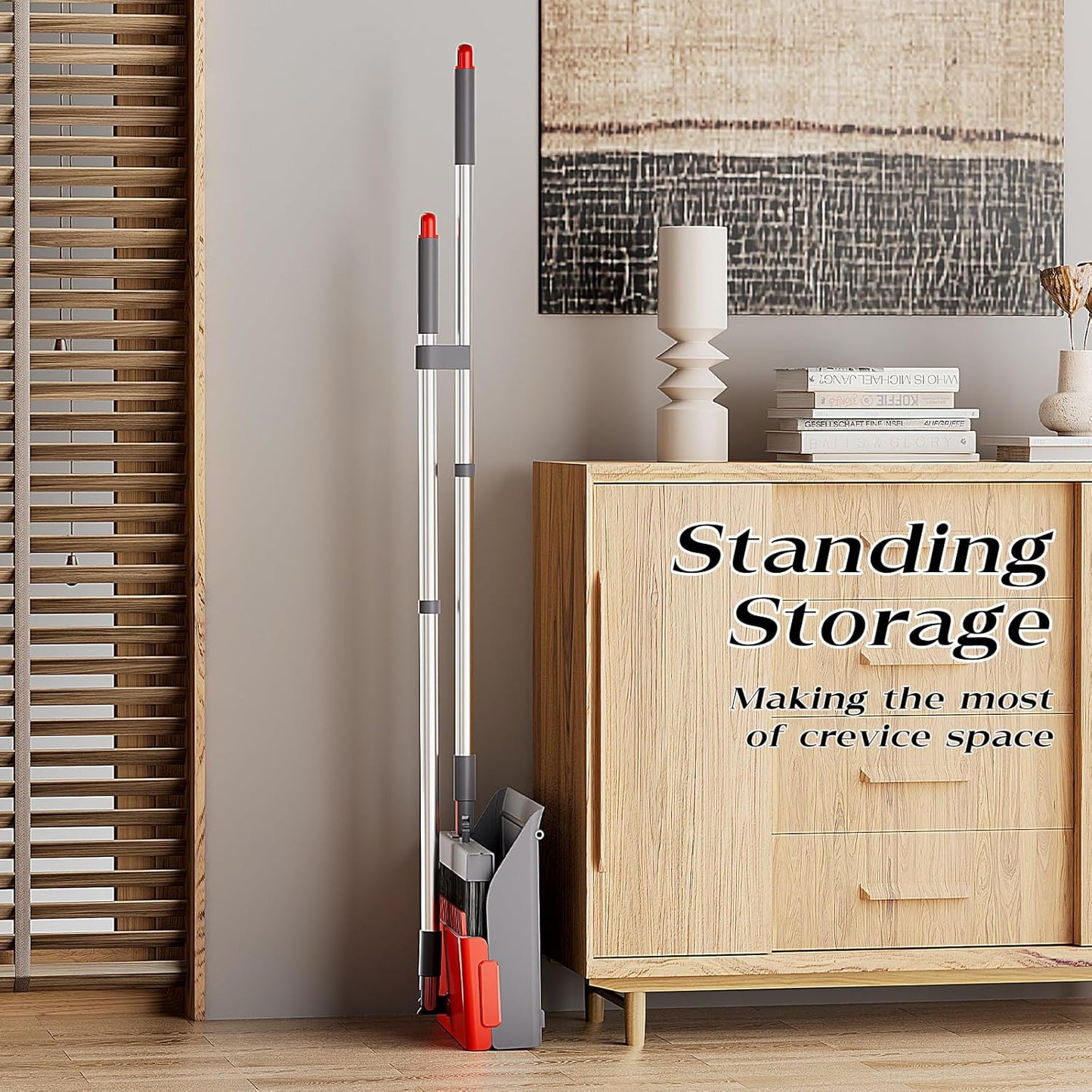 Broom with Dustpan Combo Set 50” Adjustable Long Handle 180 Degree Rotating Broom Set with Comb Teeth Upright Standing Dust Pan for Home Room Kitchen