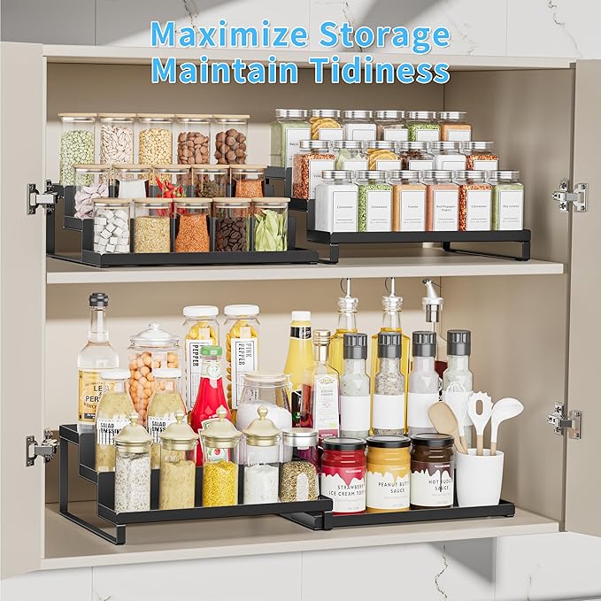 Spice Rack Organizer for Cabinet, Expandable 3 - Tiered Spice Rack, Metal Spice Organizer, Spice Shelf Organizer for Cabinet, Countertop, Pantry, Cupboard, Black