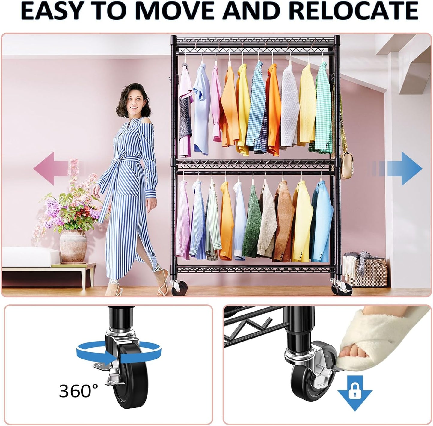 IZEUK 3 Tier Heavy Duty Rolling Garment Rack Wire Clothes Rack for Hanging Clothes, Metal Freestanding Closet Wardrobe Rack with Double Rods and Side Hooks Black 15.7" D x 45.3" W x 79.6" H