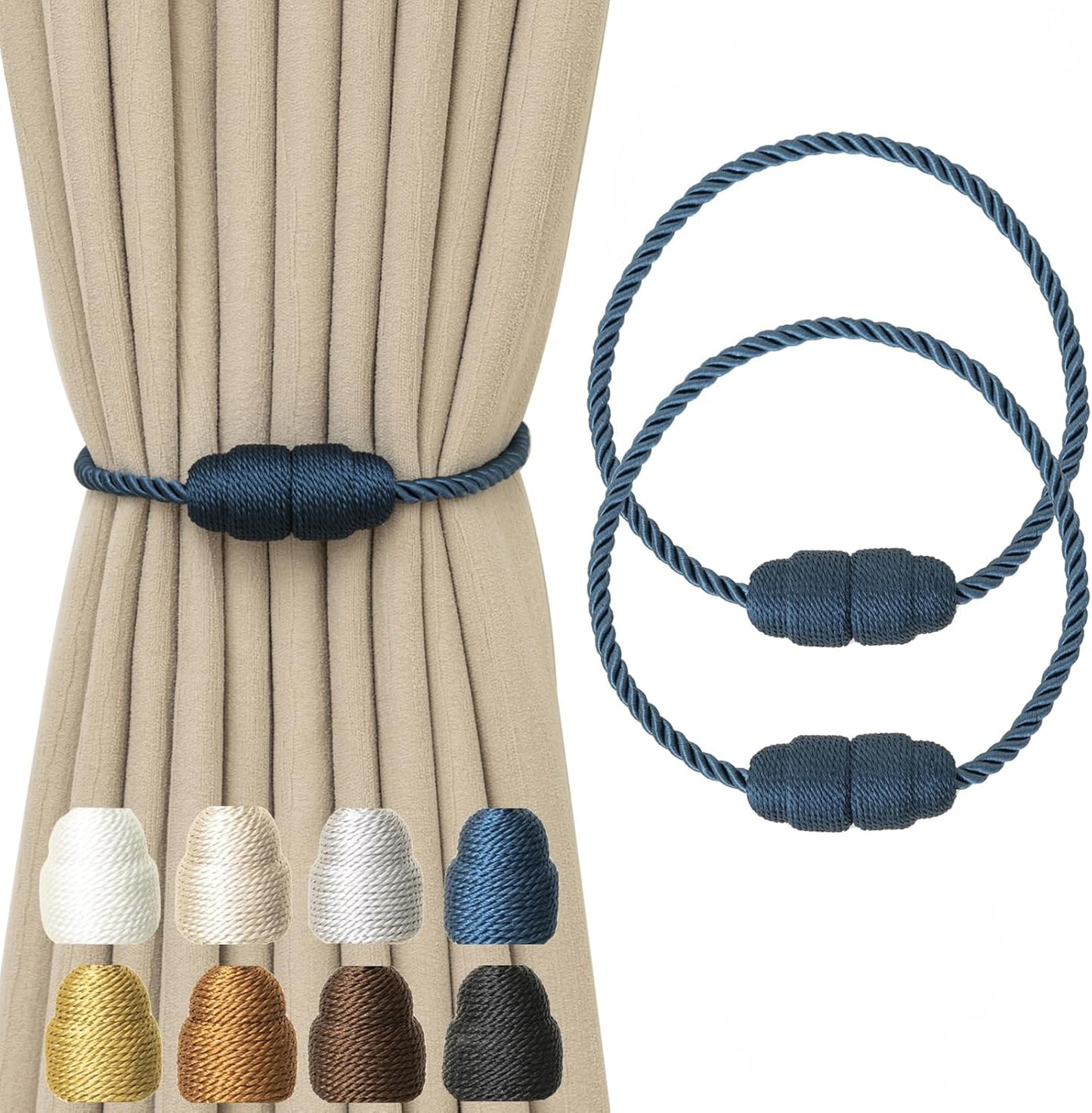 Magnetic Curtain Tiebacks - Rope Tiebacks for Curtains & Drapes, Decorative Window Holdbacks (2 Pack, Blue)