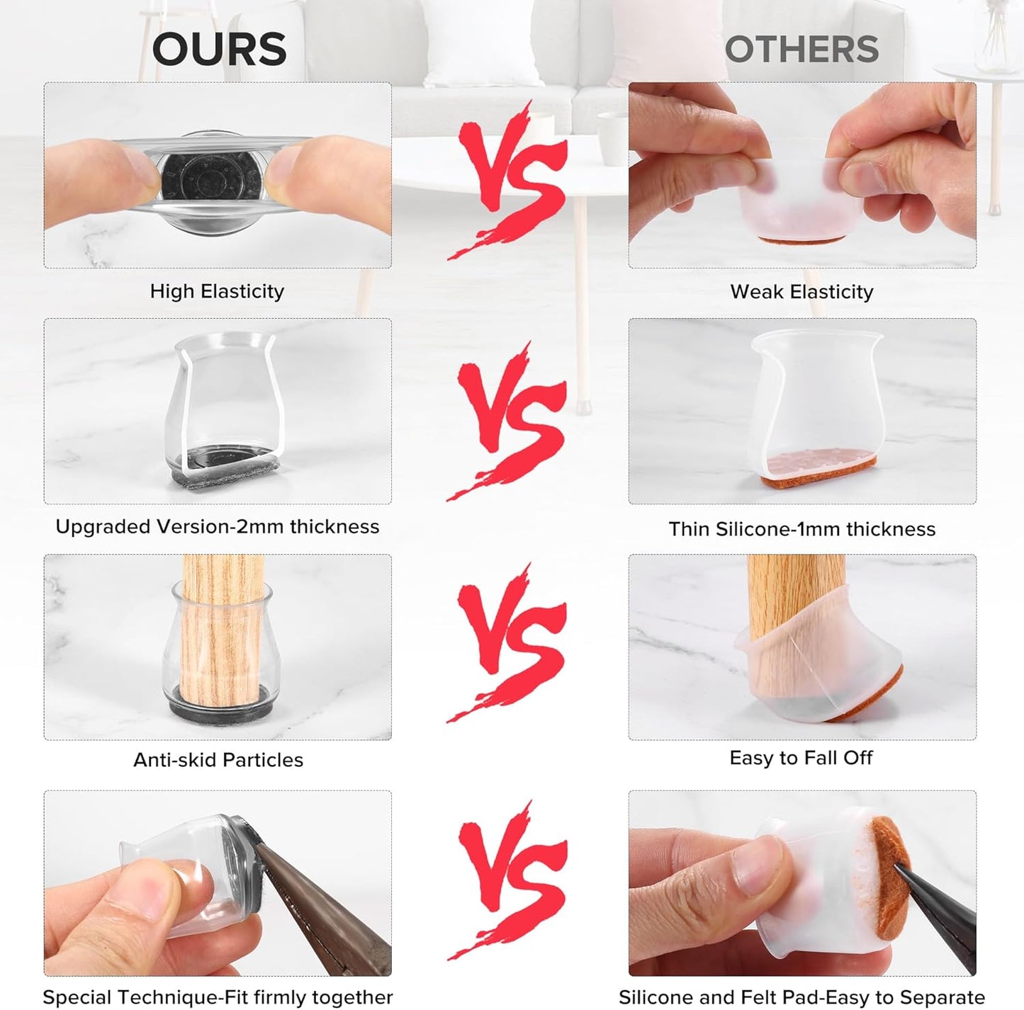 24PCS Upgraded Silicone Chair Leg Floor Protectors for Hardwood Floors, Furniture Sliders for Chair Legs, Felt Bottom Furniture Pads, Anti-Slip Round&Square Cap Covers to Scratch and Reduce Noise