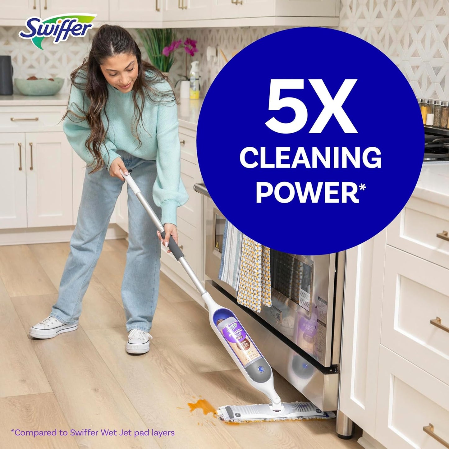 Swiffer Power Mop Wood, Hardwood Floor Cleaner for Mopping Home, Bathroom, Kitchen, All Purpose Multi-Surface Cleaning Set includes PowerMop Wood, 2 Pads, 1 QuickDry Lemon Solution, & 2 Batteries