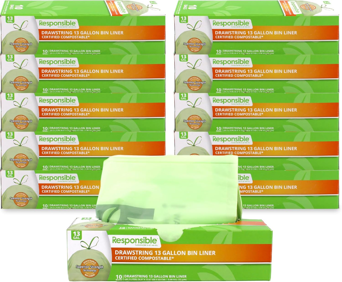 Responsible Products Kitchen Bin Liners, Certified Compostable, Heavy Duty Multipurpose Food Scrap Bags, Made from Compostable Materials (13 Gallon Drawstring, 13 Gallon (100 Count))