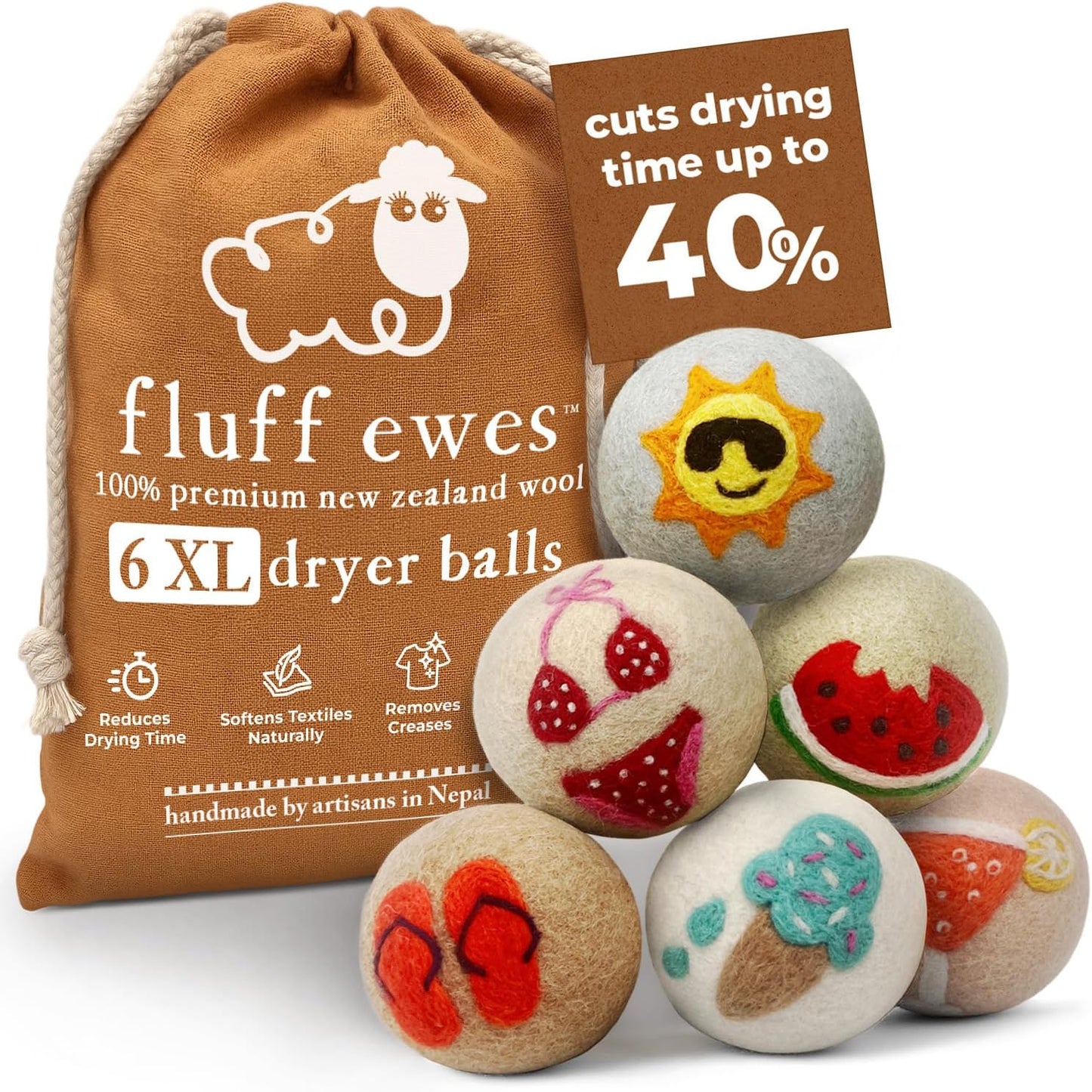 Fluff Ewes Wool Dryer Balls 6 Pack Premium New Zealand Wool Laundry Balls for Dryer, No Static Dryer Balls Laundry Reusable, XL Wool Dryer Balls Cute, Baby Dryer Balls for Dryers - Fun in The Sun