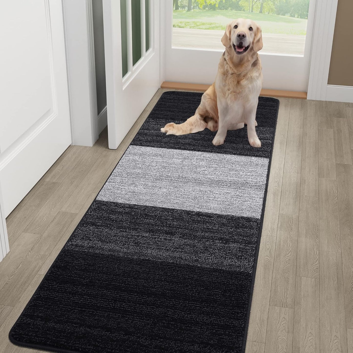 Kitinjoy Indoor Outdoor Door Mat, 59x20 Non-Slip Absorbent Dirt Trapper, Low-Profile Washable Inside Entrance Front Floor Mat, Sturdy Soft Entry Doormats for Entryway, Black