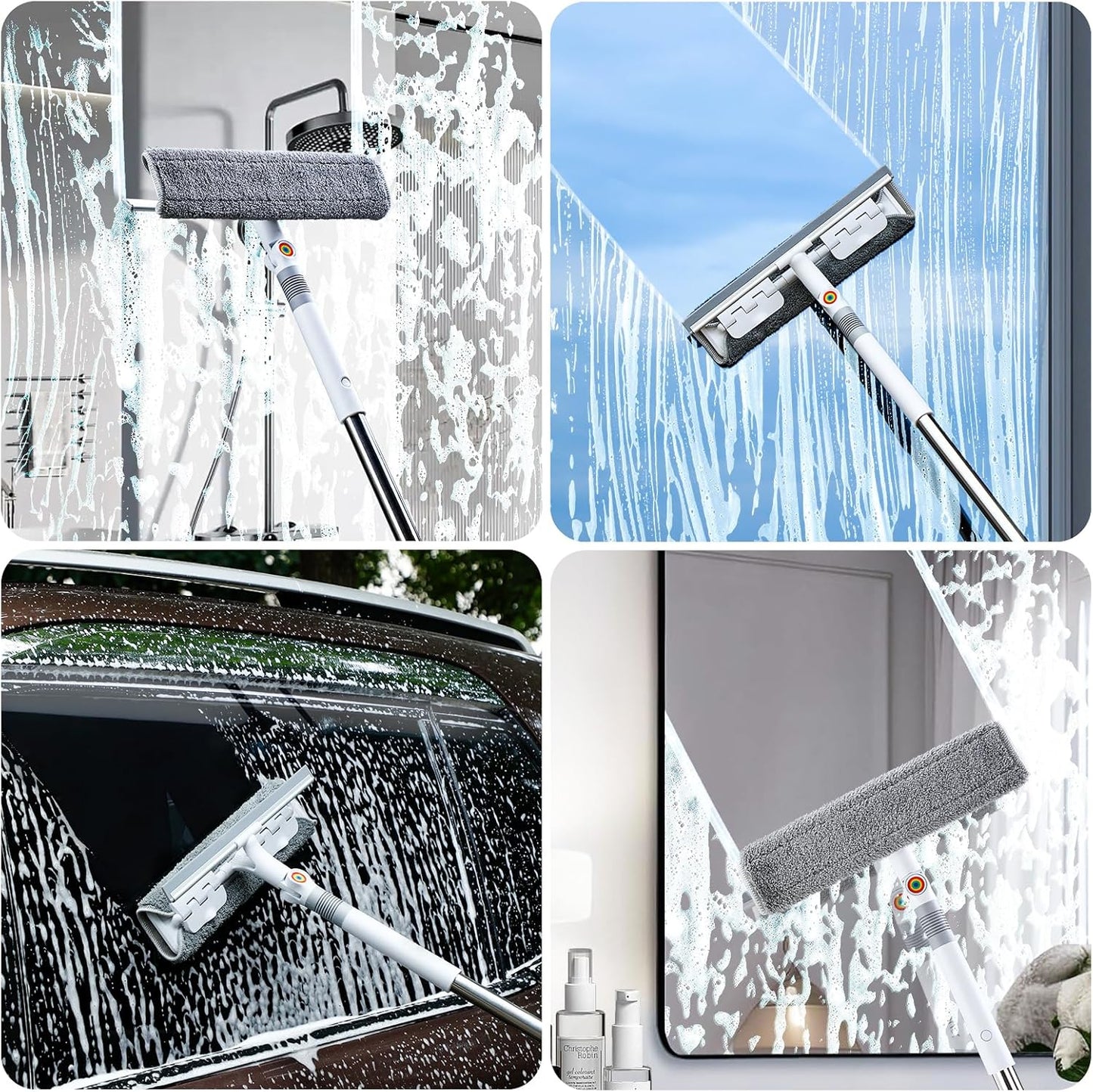 funest 126‘’ Squeegee for Window Cleaning, 2-in-1 Window Cleaner Tool with Extension Pole, Rotatable Head for Indoor and Outdoor Glass Shower Glass Mirror Car RV Window Cleaning Kit