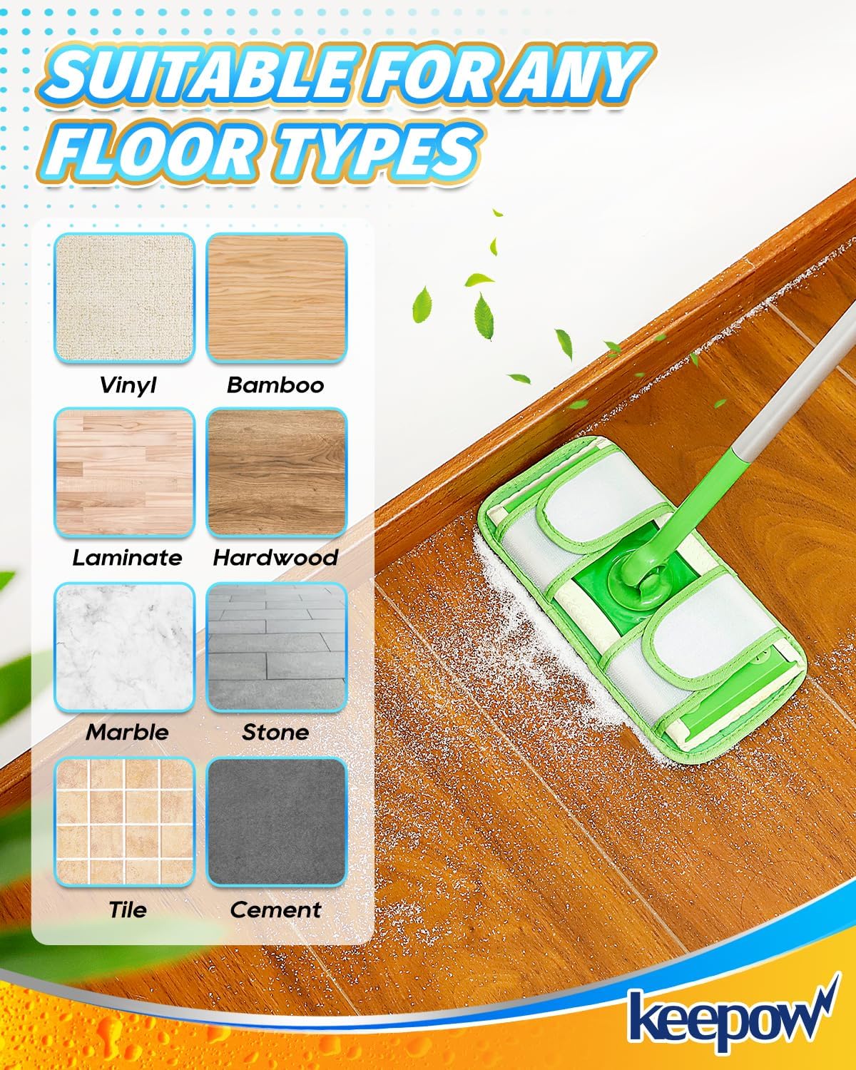 Keepow Reusable Mop Pads Refills Compatible with Swiffer Sweeper and Sweep & Mop Deluxe, Microfiber Wet Mopping Cloths Dry Sweeping Floor Cleaning Mop Pad Refill, Mop Head Replacements Part 3 Pack