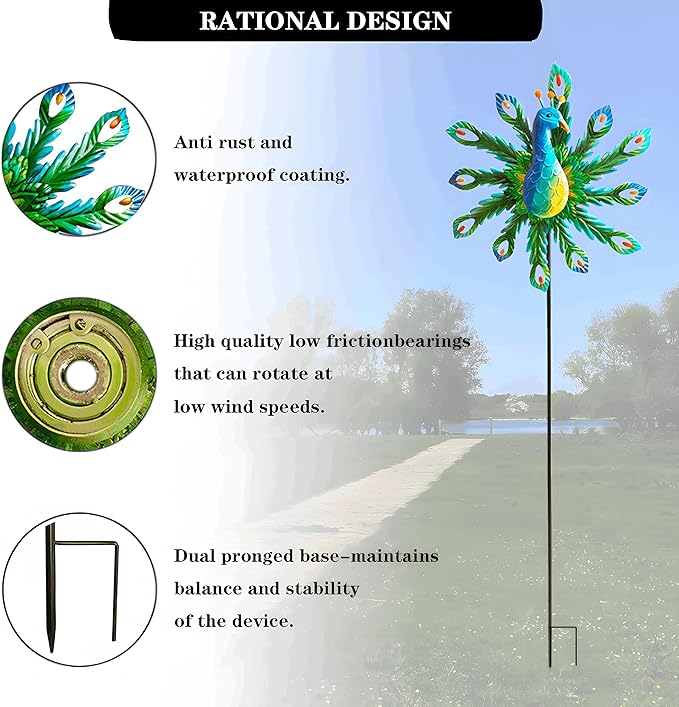 Outdoor Wind Spinner, 37" Metal Peacock Wind Spinner, Peacock Sculpture Garden Wind Spinners for Garden Yard Patio Decoration