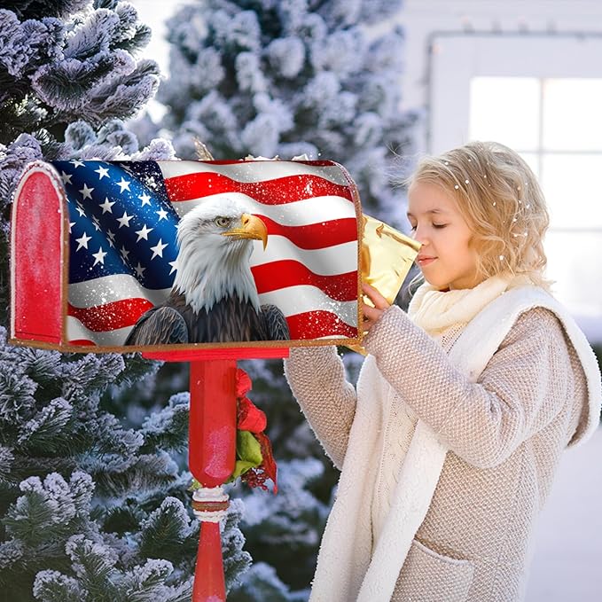 USA Flag Bald Eagle Patriotic Mailbox Cover 4th of July American Flag Magnetic Mailbox Covers Happy Independence Day Waterproof Post Letter Box Wraps for Outdoor Garden Yard Home 25.5x21 in