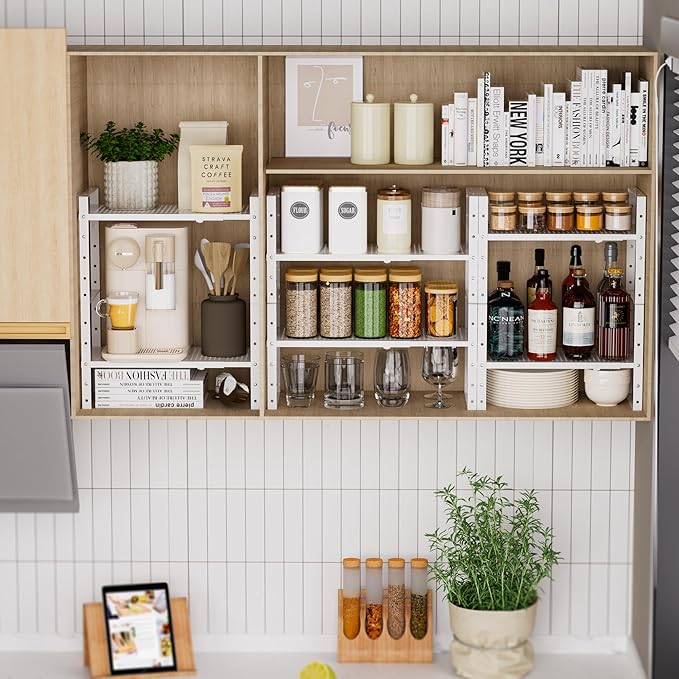 Expandable Spice Rack, Stackable Metal Pantry Storage Shelves Stand, Adjustable Height Cabinet Shelf Organizer Racks(2PACKS/WHITE,MEDIUM)