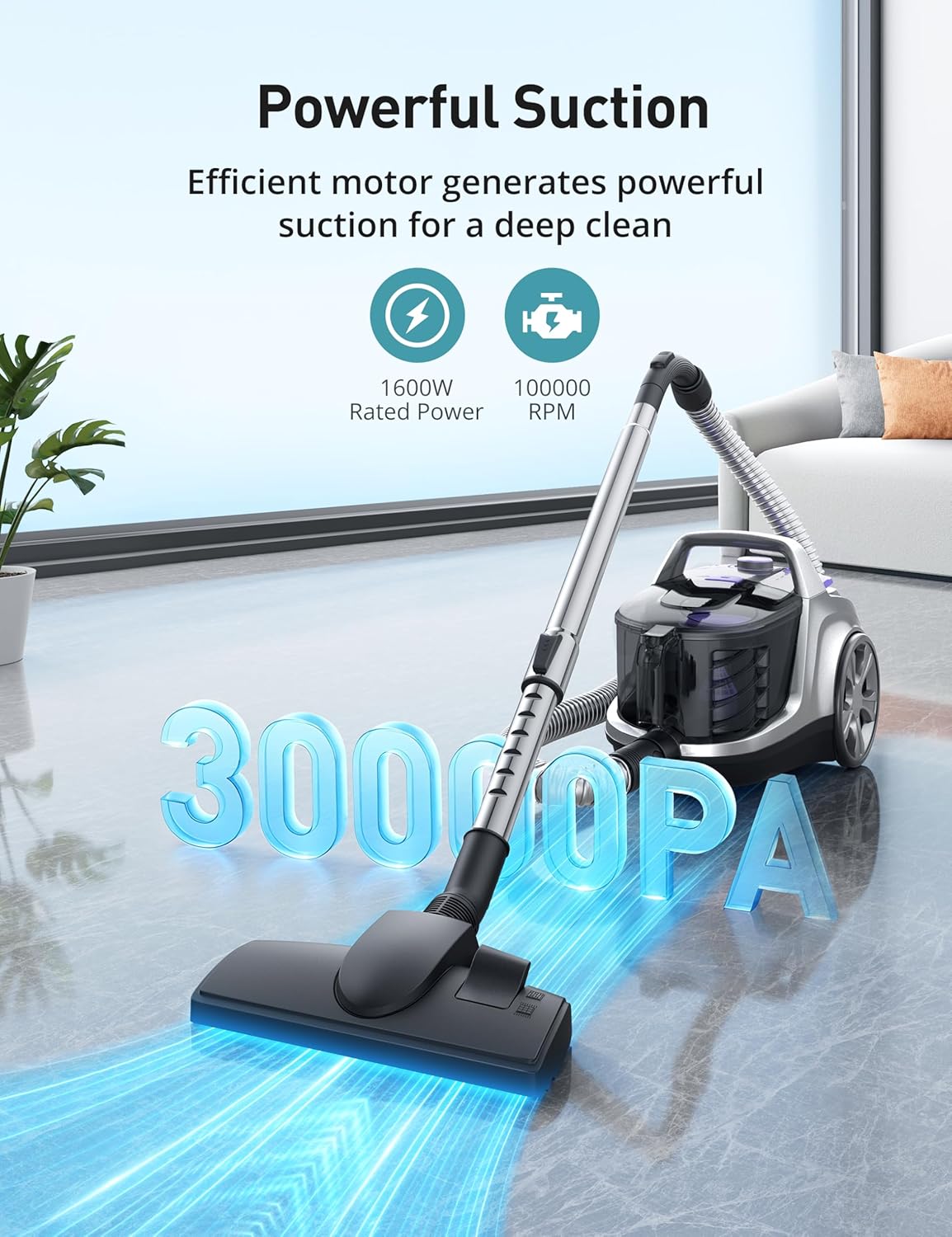 Aspiron Canister Vacuum, Upgraded 1600W Bagless Canister Vacuum Cleaner, Auto Cord Rewind, H13 HEPA Filter, 3.7Qt Large Capacity, 5 Tools for Hard Floors, Carpet, Pet, Upholstery, Tiles, Car, Lavender