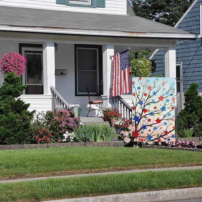 Louise Maelys 4th of July Garden Flag Patriotic Five-pointed Stras Tree Independence Day 12x18 Inch Welcome Double Sided Stars and Stripes Small Burlap Yard Sign Outside Outdoor House Decor