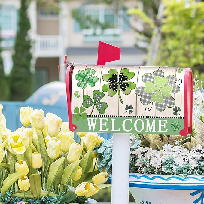 Welcome St Patrick's Day Holiday Magnetic Mailbox Covers Standard Size 21x18in Lucky Shamrocks Clover Mail Box Wraps Green Leaves Wooden Decorative Letter Post Box Cover for Home Garden Outside