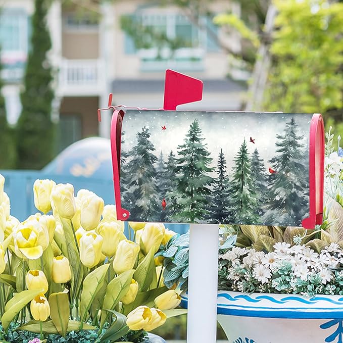 Winter Watercolor Tree Magnetic Mailbox Cover Standard Size 21x18 Inch Christmas Dark Green Pine Trees Mail Box Post Cover Rustic Forest Red Bird Letter Box Wraps for Home Outdoor Garden Yard Decor