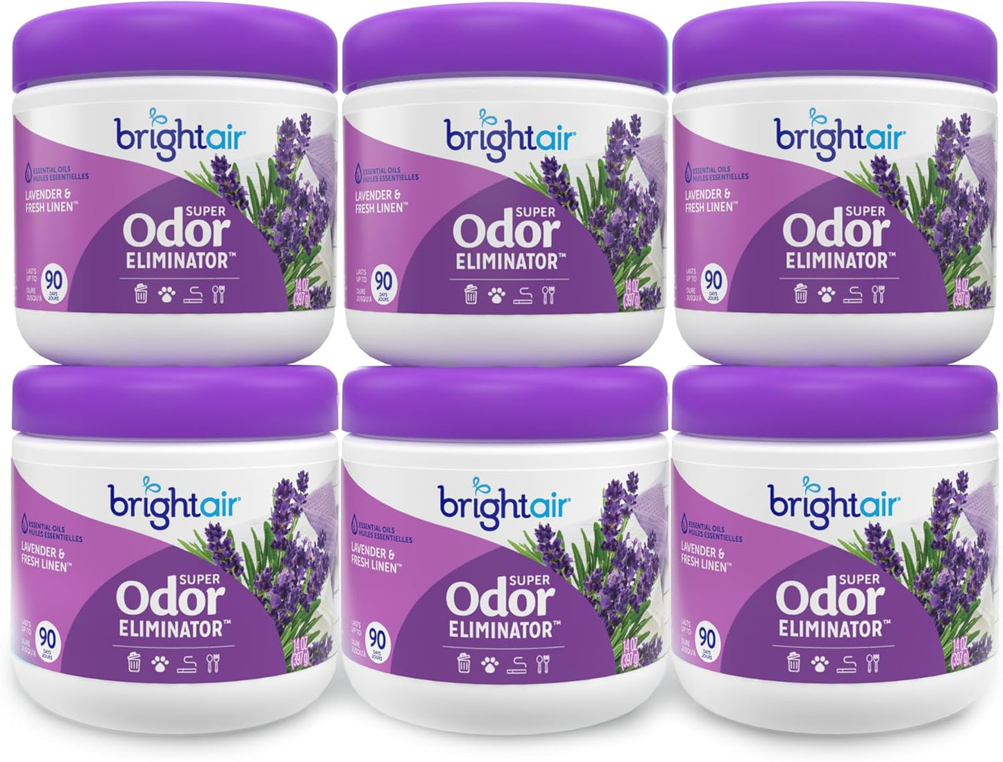 Bright Air 14 oz. Super Odor Eliminator, For Medium-Size Spaces, Lavender & Fresh Linen Scent, Case of 6, Odor Eliminator & Air Freshener, Natural Essential Oils, Lasts Up to 90 Days Each