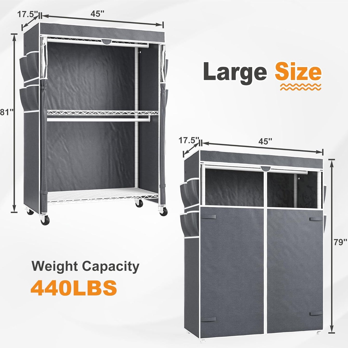 Raybee Heavy Duty Clothes Rack with Cover, 81" H Clothing Racks for Hanging Clothes, Portable with Wheels and Adjustable Feet, Max Load 440LBS, White