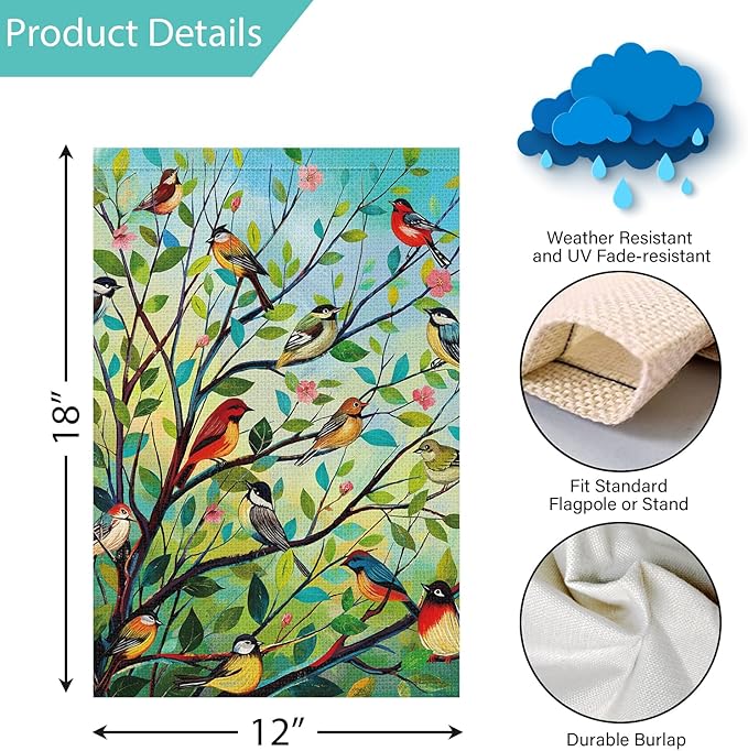 Louise Maelys Spring Welcome Garden Flag Bird Tree Double Sided 12x18 Inch Floral Small Burlap Holiday House Yard Outdoor Outside Home Decor