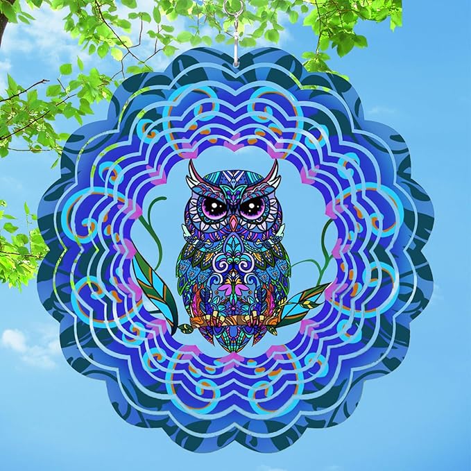 Owl Metal Wind Spinners - Owl Gifts for Women Mom Grandma Wife, Hanging Wind Spinner for Outdoor & Indoor Decorations, 12 inch Wind Spinner for Christmas Ornament Gifts