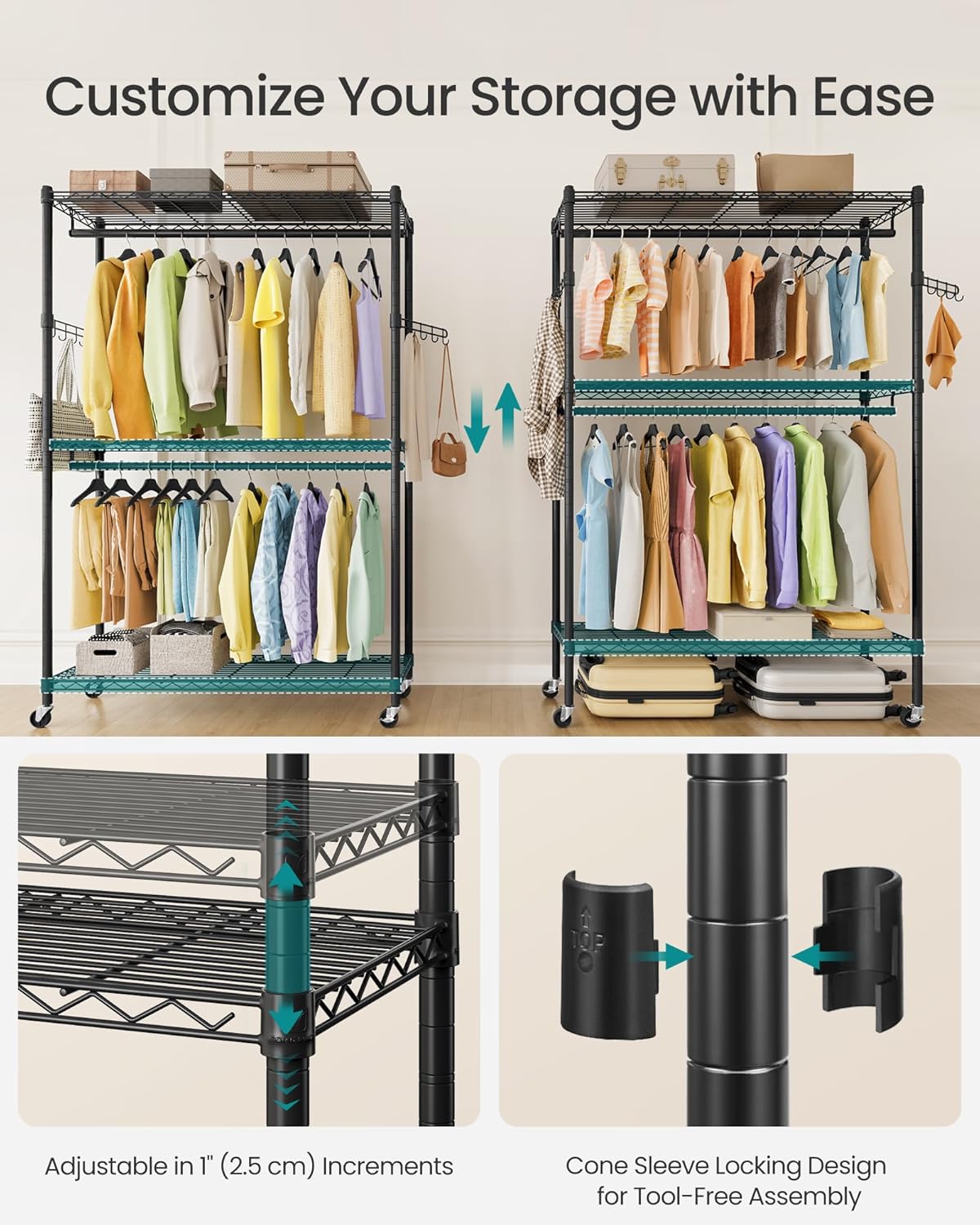 SONGMICS Heavy-Duty Rolling Clothes Rack, Garment Rack, Portable Closet, 43.3-Inch Wide Clothing Rack on Wheels, with Adjustable Mesh Shelves and Hanging Rails, Hooks, Ink Black ULGR414B01