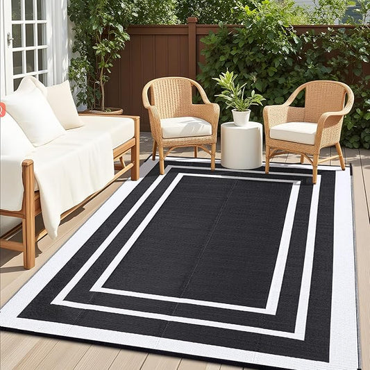 OLANLY Outdoor Rug 6x9 ft Waterproof, Reversible Outdoor Plastic Straw Rug, RV Mat, Indoor Outdoor Carpet Clearance for Patio, Camping, Balcony, Deck, Backyard, Black & White