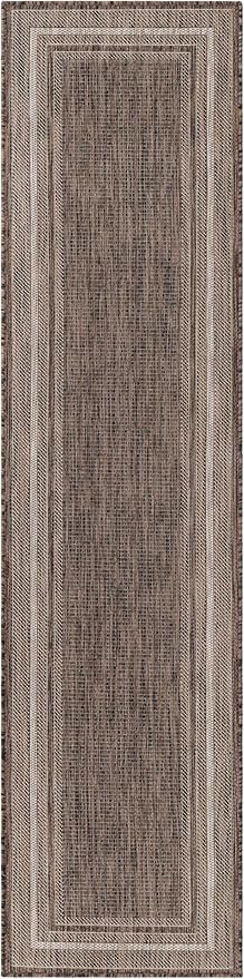 Unique Loom Outdoor Border Collection Area Rug - Soft Border (2' x 8' Runner, Brown/ Ivory)