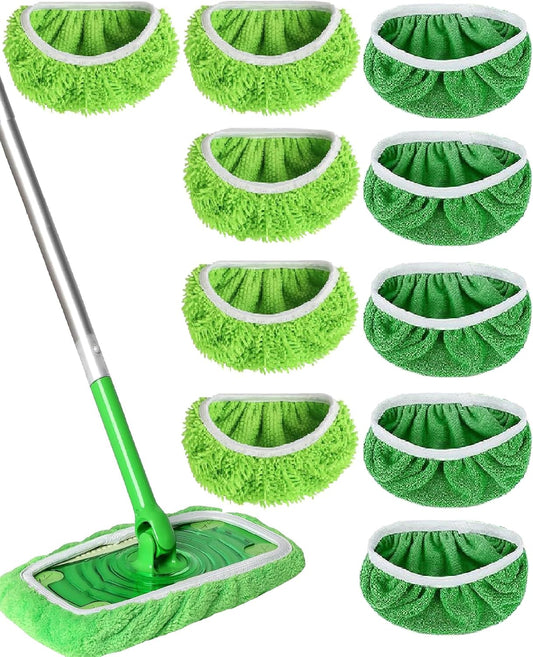 Reusable Microfiber Mop Pads Washable Wet & Dry Sweeping Cloths Mop Head Replacement for Household Cleaning (Green, 10PCS) Compatible with Swiffer Sweeper Refills