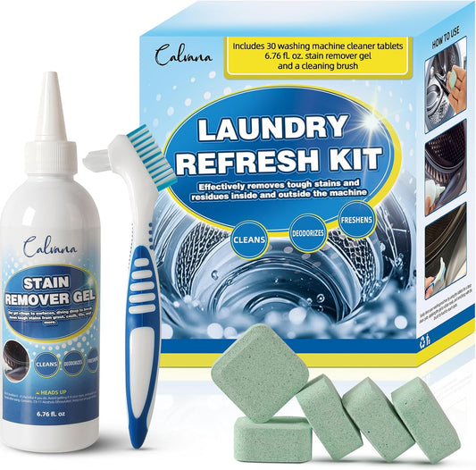 Laundry Refresh Kit, 30 Washing Machine Cleaner Tablets, 6.76 fl. oz Stain Remover Gel, Cleaning Brush, Tackles Pet Odors & Stains on Grout/Caulk, Family & Pet Safe, 12-Month Supply