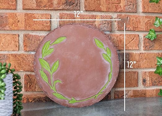 NAT & Jules Floral Laurel Wreath Leaves Pattern Dimensional Indoor Outdoor 12 inch Round Cast Resin Decorative Garden Stepping Stone, Patio, Walkway Sculpture Yard Art, Green