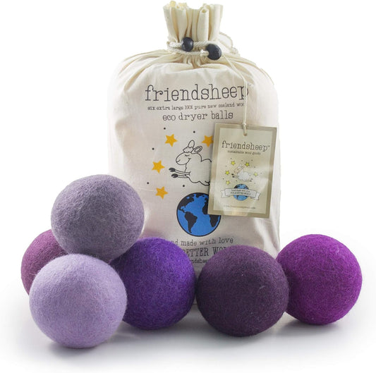 Friendsheep Wool Dryer Balls Purple 6 Pack XL Organic Premium Reusable Cruelty Free Handmade Fair Trade No Lint Fabric Softener Color - Purple Haze