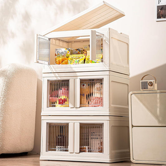 3 Tier Plastic Storage Bins with Lid，Stackable Storage Containers with Wheels, Folding Storage Boxes, Stackable Storage Bins, Closet Organizers and Storage for Living Room,Office,Dorm