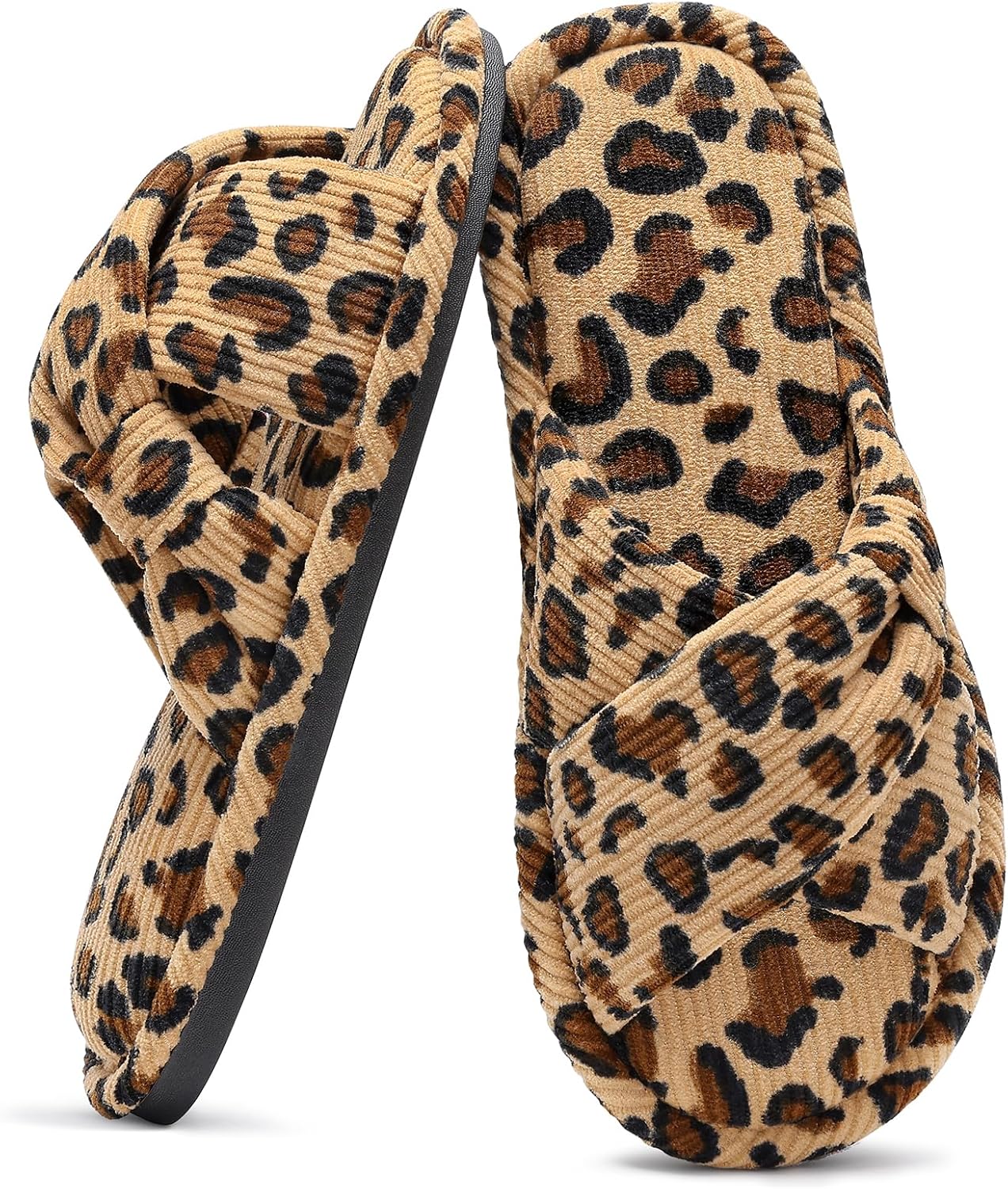 Evshine Summer House Slippers for Women Corduroy Cross Bow Indoor Slippers Open Toe Slip On Bedroom Shoes with Memory Foam