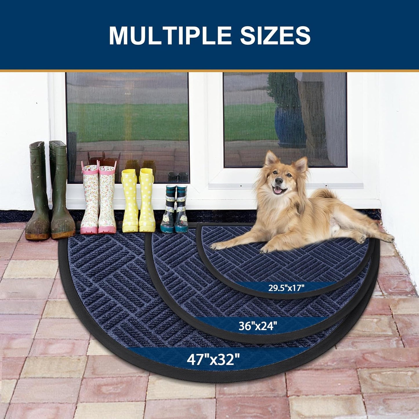 Smiry Half Circle Front Door Mat Outside Entrance, Heavy Duty Outdoor Indoor Natural Rubber Doormat, Non Slip Trap Dirt and Moisture Easy Clean Low Profile Patio Porch Entryway Mat, 29.5x17, Navy Blue