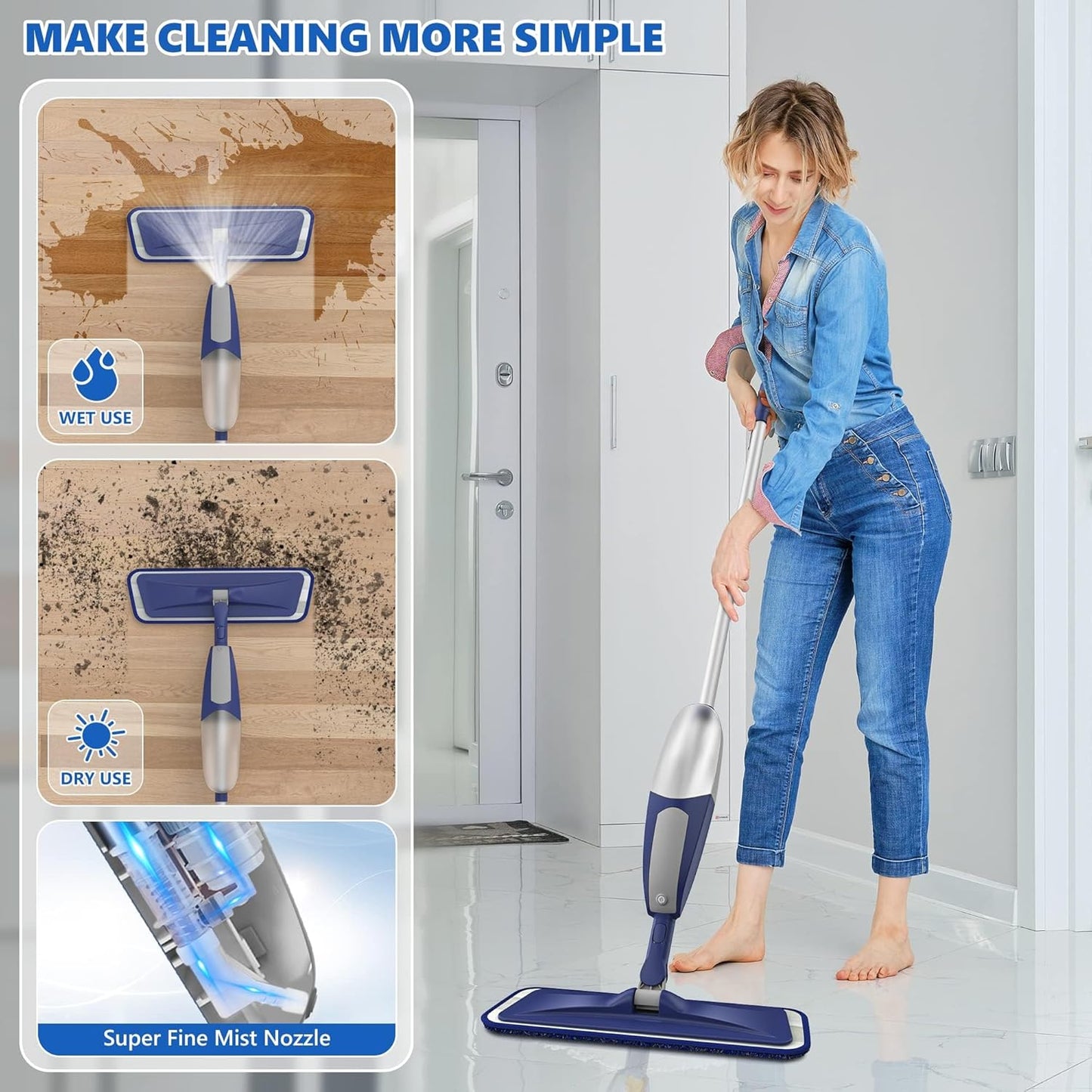 Spray Mops for Floor Cleaning - BPAWA Microfiber Floor Mop Flat Wet Mop Dry Dust Mop for Hardwood Laminate Wood Tile Vinyl Kitchen Bathroom Floors with 4 Washable Pads Reusable 550ML Refillable Bottle
