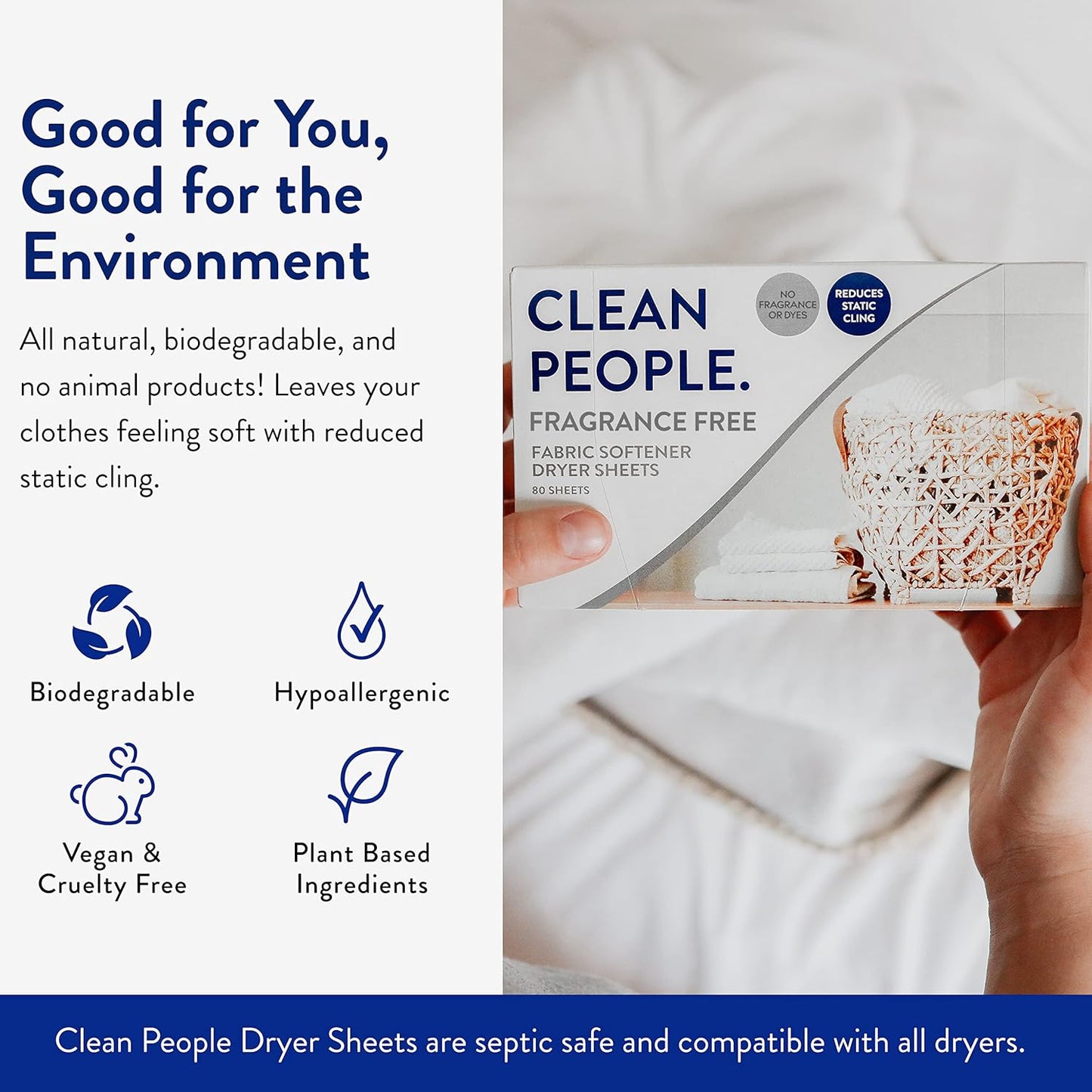 The Clean People Fabric Softener Sheets - Dryer Sheets - Softens & Removes Static Cling - Vegan Laundry Softener, Essential Oils - Fragrance Free 240 Pack