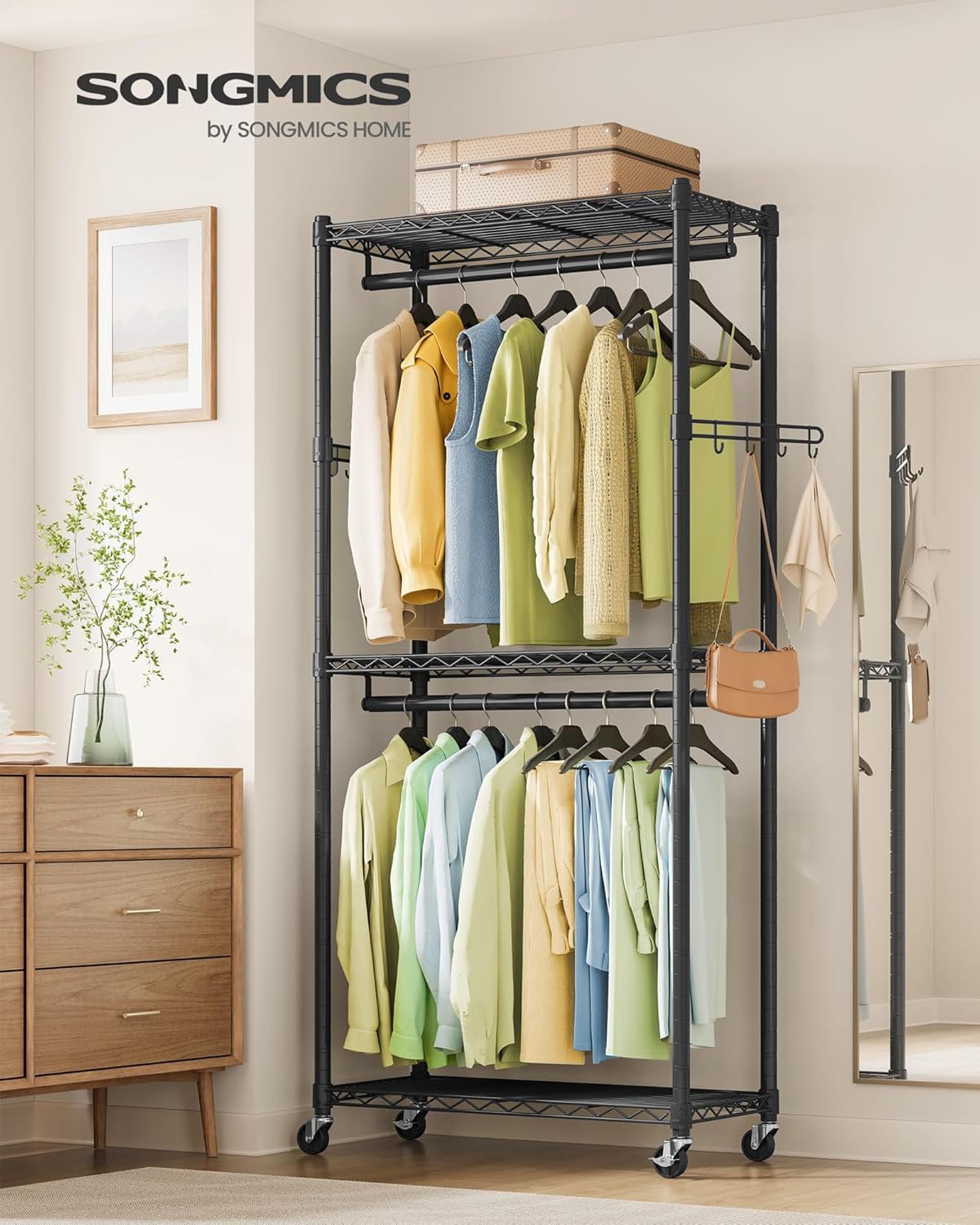 SONGMICS Heavy-Duty Rolling Clothes Rack, Garment Rack, Portable Closet, 29.5-Inch Wide Clothing Rack on Wheels, with Adjustable Mesh Shelves and Hanging Rails, Hooks, Ink Black ULGR412B01