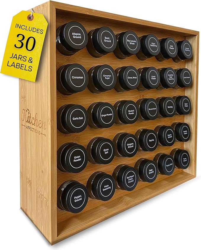 | Bamboo Spice Rack Organizer | 30 4 oz Spice Jars | 720 Labels | Funnel | Cabinet | Countertop | Pantry | Wall Mount