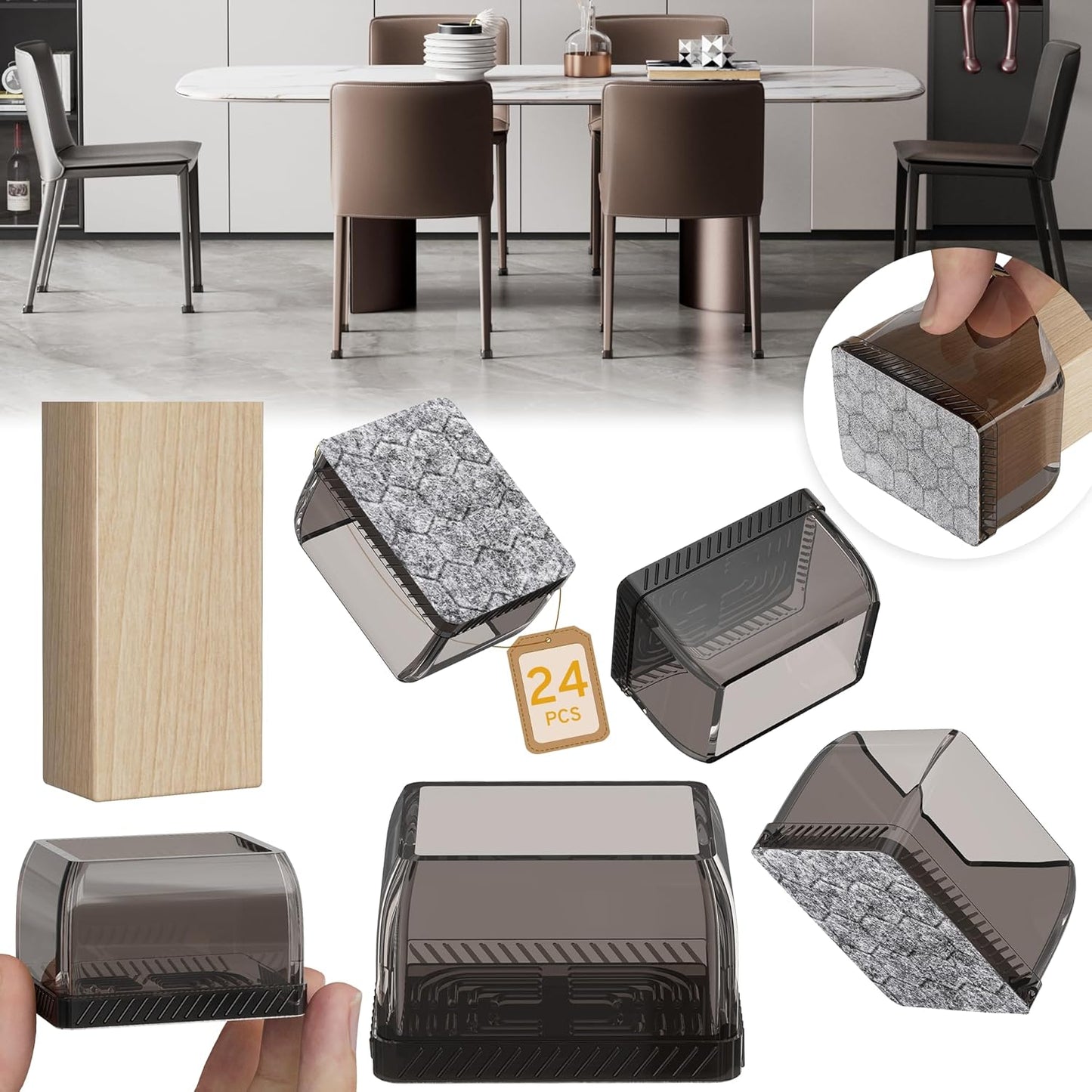 24PCS Rectangular Chair Leg Floor Protectors, Furniture Sliders, Non-Slip Felt Furniture Pads for Hardwood Floors, Silicone Cap Covers to Protect Floors,(Fit L :1.73-2.05", W: 1.34-1.65")
