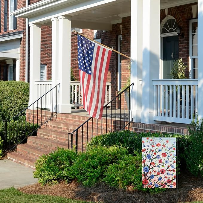 Louise Maelys 4 of July Garden Flag Red and Blue Floral Tree Us America 12x18 Inch Double Sided Stars and Stripes Small Burlap Yard Sign Outside Outdoor House Independence Day Decor