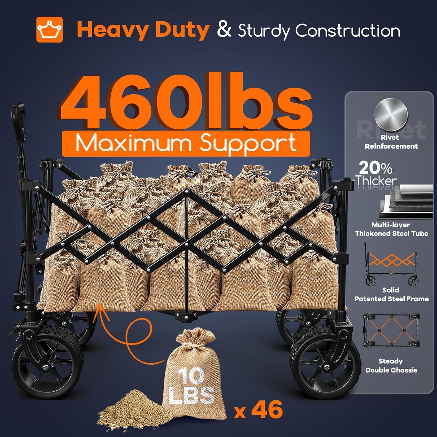 220L Collapsible Wagon Cart Foldable, 460lbs Load Capacity Heavy Duty Folding Beach Wagons with Big All-Terrain Wheels, Utility Carts for Groceries, Shopping, Camping, Sports - Grey&Black